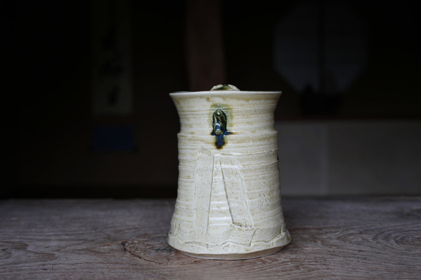 Japanese vintage Mizusashi jar with lid ceramic kiln craft For Tea ceremony "Ki-seto" with signed W7.5in/W19cm