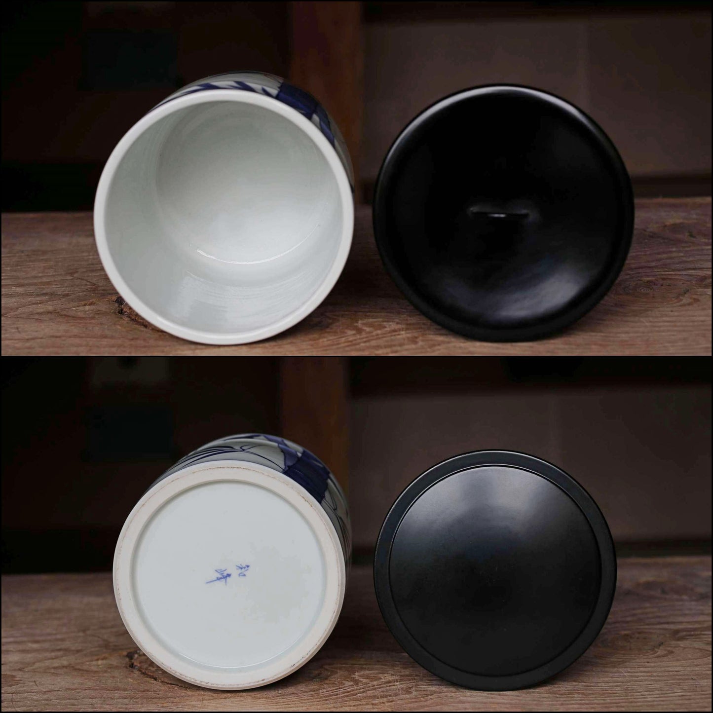 Japanese vintage Mizusashi jar with lacquered wood lid porcelain kiln craft For Tea ceremony "Sometsuke" with signed W6.9in/W17.5cm