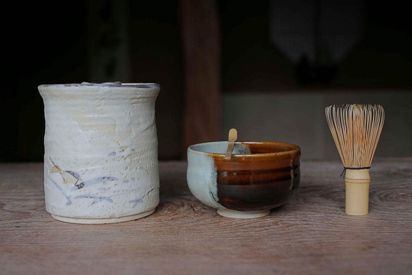 Japanese vintage Mizusashi jar with Two types of lids ceramic kiln craft For Tea ceremony "Shino" with signed W5.4in/W13.8cm