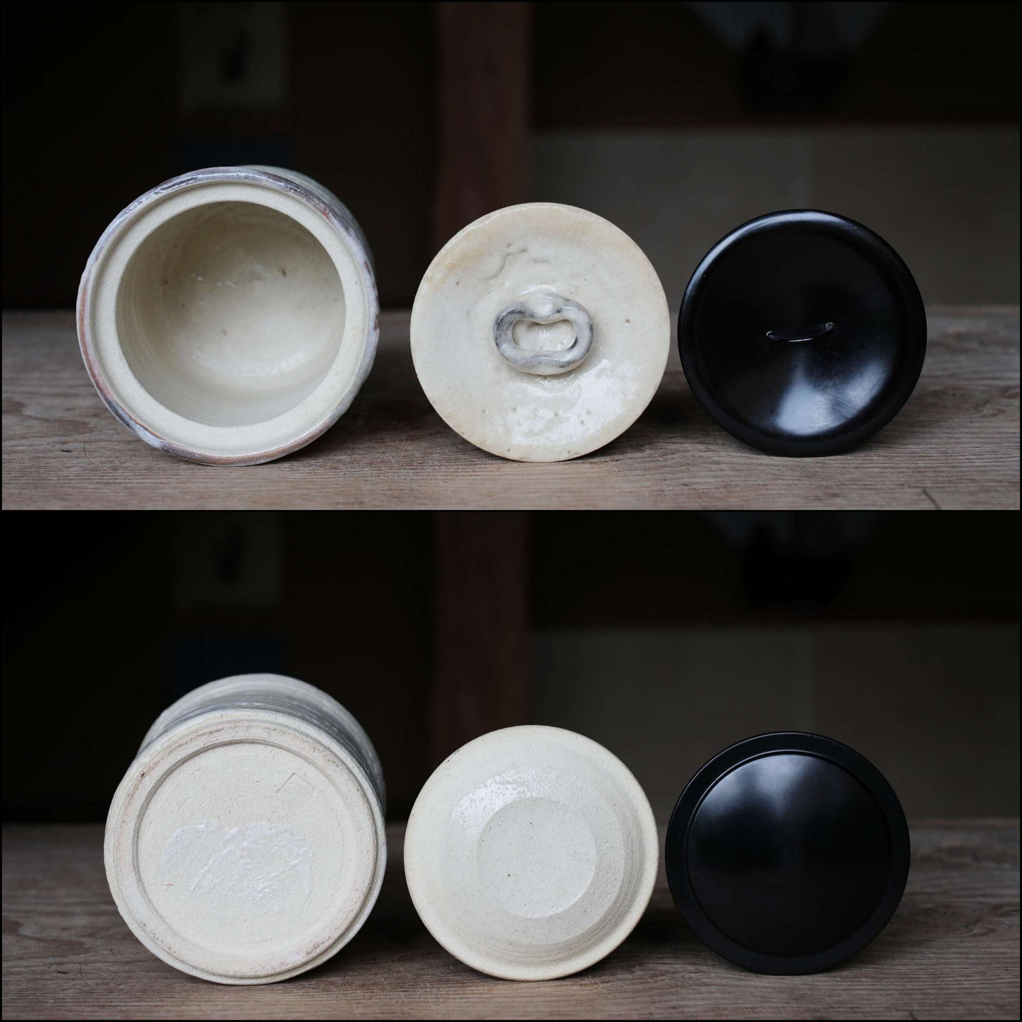 Japanese vintage Mizusashi jar with Two types of lids ceramic kiln craft For Tea ceremony "Shino" with signed W5.4in/W13.8cm