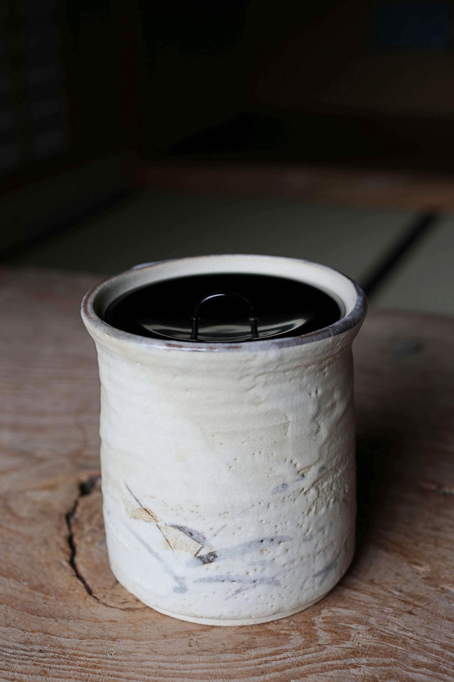 Japanese vintage Mizusashi jar with Two types of lids ceramic kiln craft For Tea ceremony "Shino" with signed W5.4in/W13.8cm