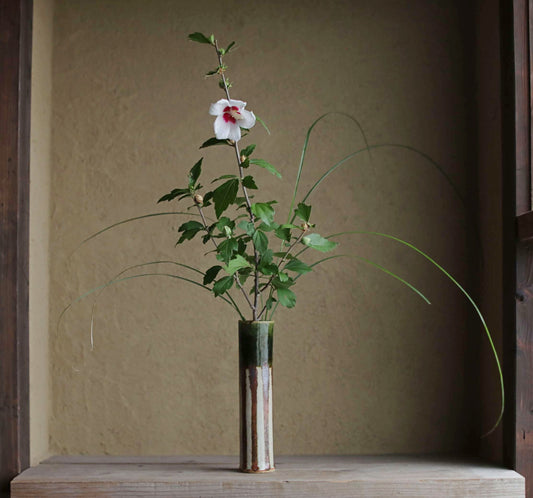 Japanese vintage ceramic flower vase for one flower hand made ORIBE ware dark green Long cylindrical shape IKEBANA For gift H9.8in/H25cm