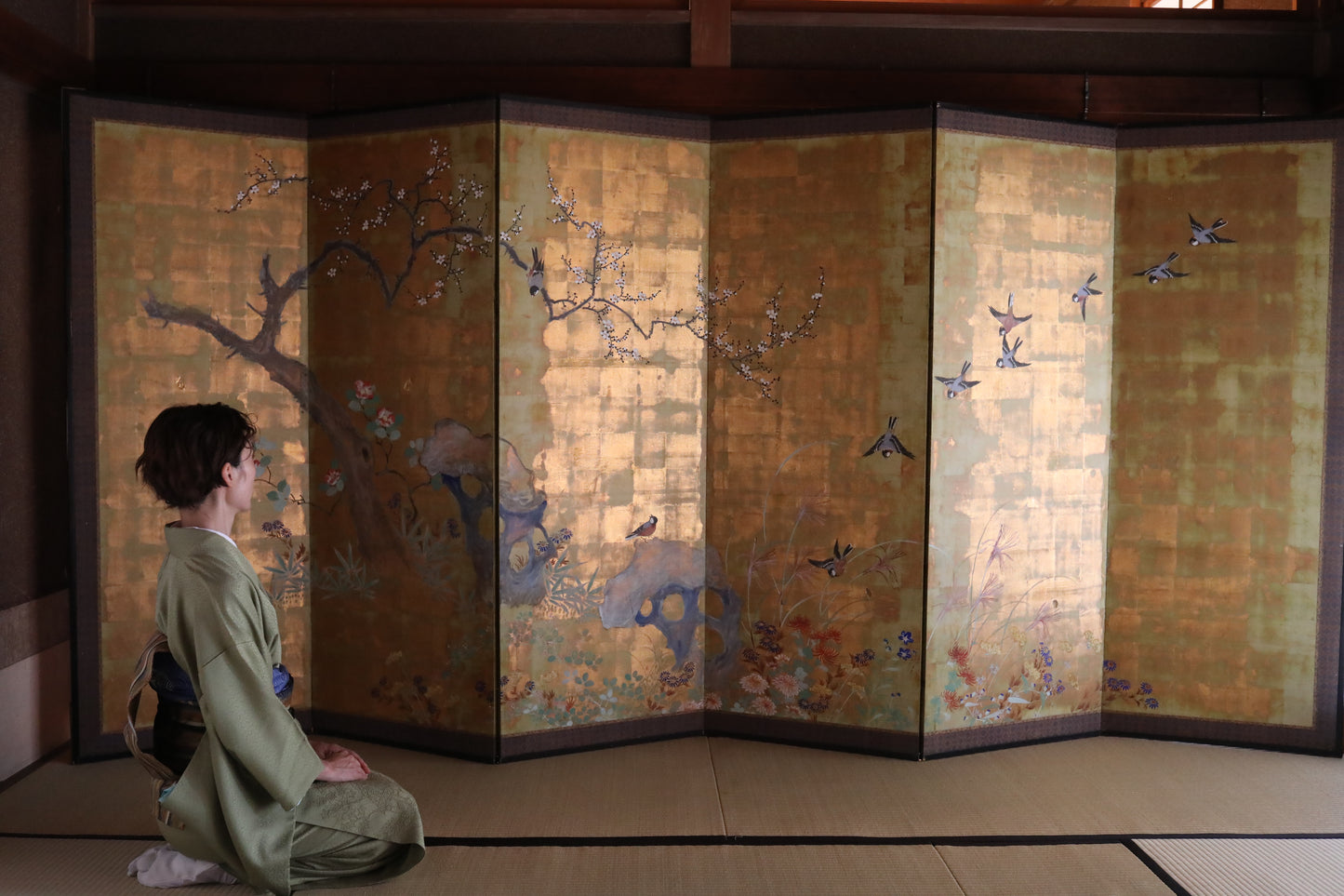 FINE! Japanese antique 1900s furniture Byobu folding screen of water color painting,  plum blossom birds and flowers with gold H69.3in/H176cm