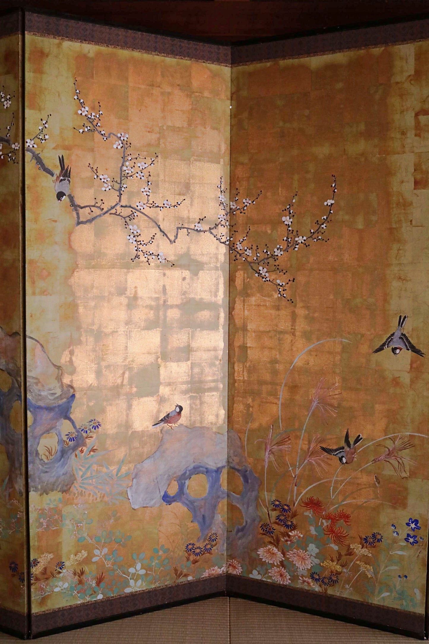FINE! Japanese antique 1900s furniture Byobu folding screen of water color painting,  plum blossom birds and flowers with gold H69.3in/H176cm