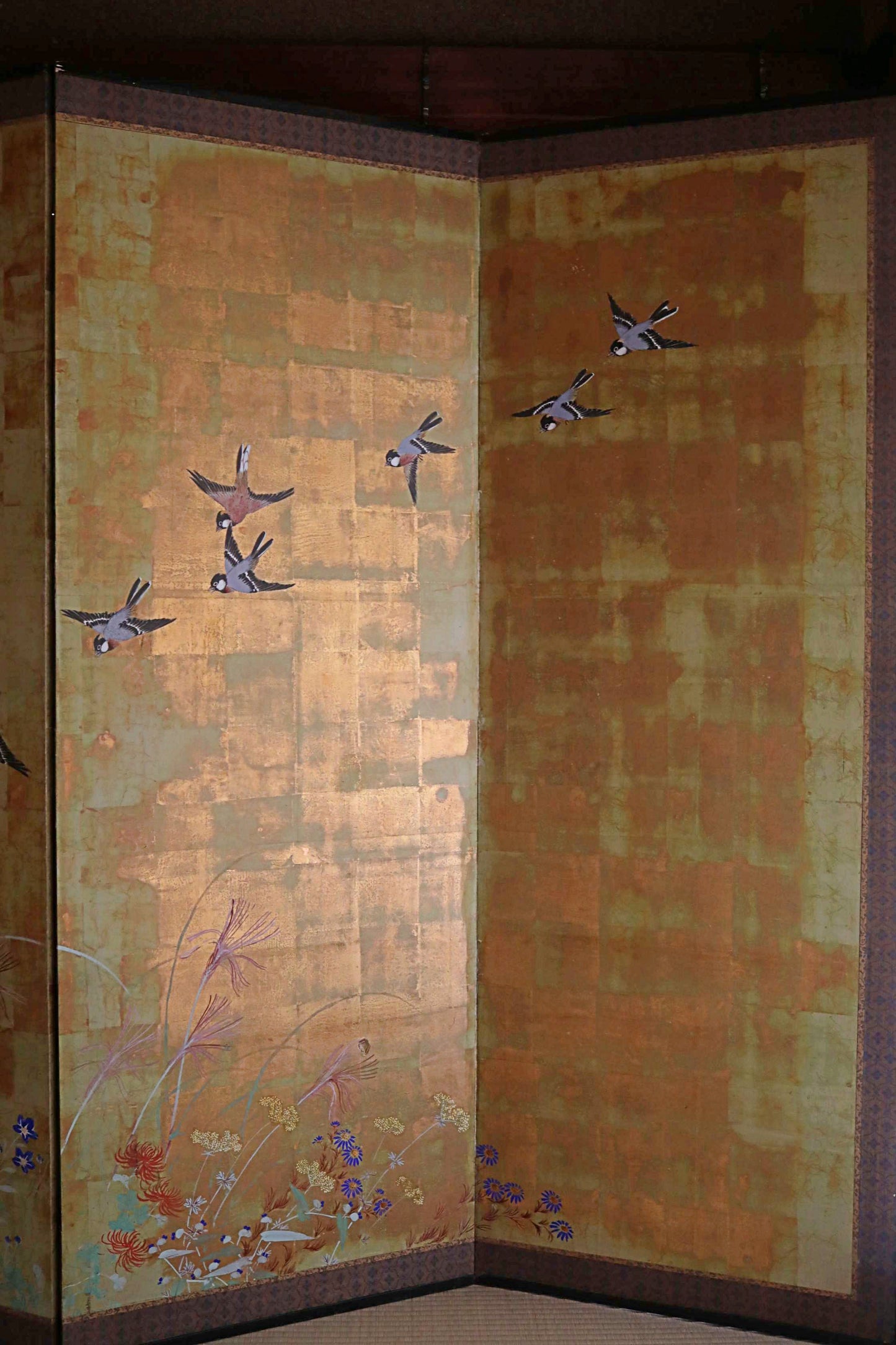 FINE! Japanese antique 1900s furniture Byobu folding screen of water color painting,  plum blossom birds and flowers with gold H69.3in/H176cm