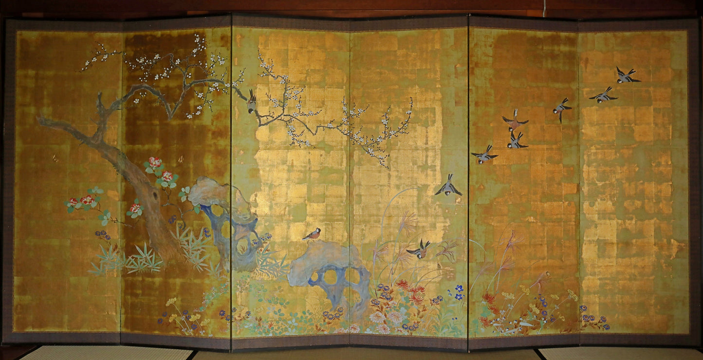 FINE! Japanese antique 1900s furniture Byobu folding screen of water color painting,  plum blossom birds and flowers with gold H69.3in/H176cm