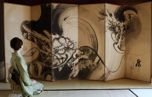 Japanese vintage furniture Byobu wind screen of Dragon with ink painting, with sign impressive hand painting H69.3in/H176cm