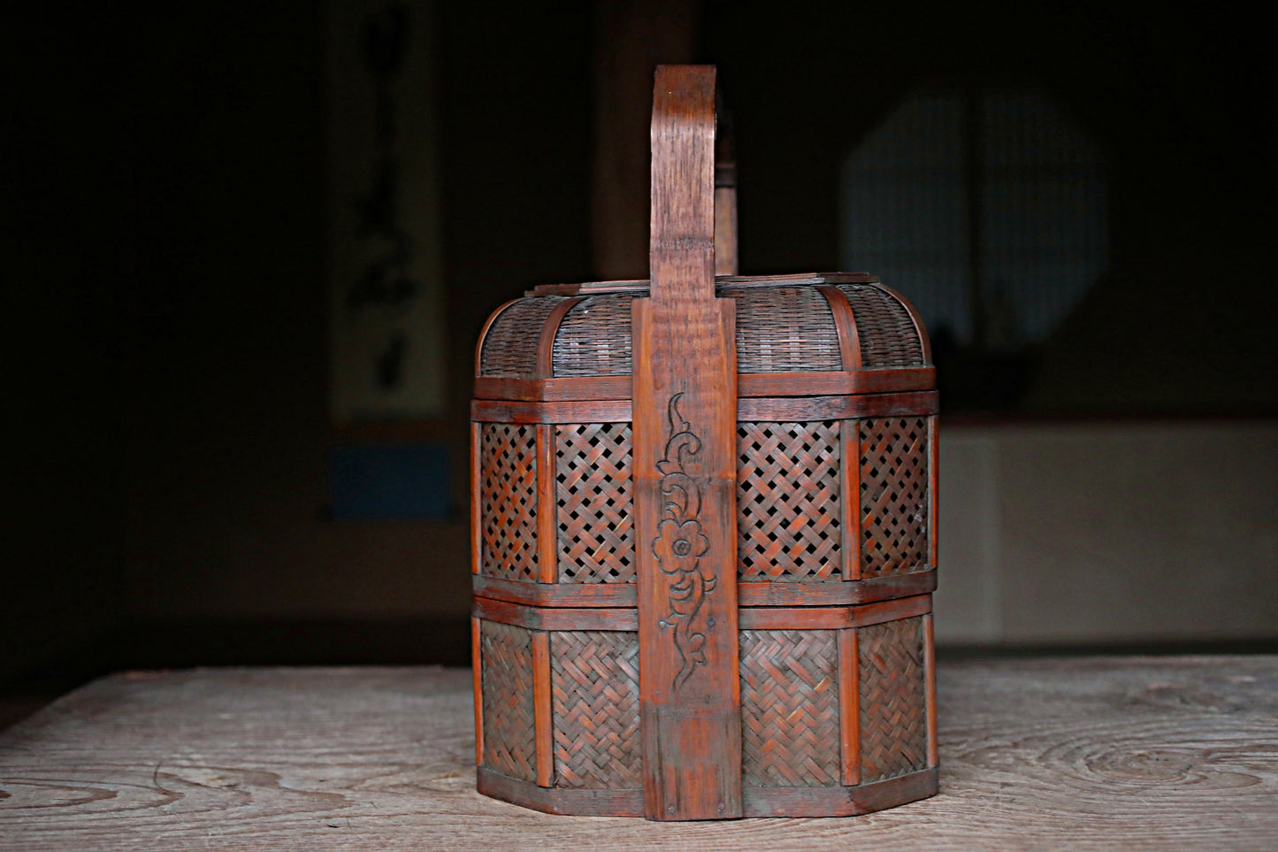 Japanese vintage 1950s Large bamboo box For Tea set BENTO box backpack with bird and flowers KAGO basket H14.4×W10.6×D9.4in/H36.5×W27×24cm