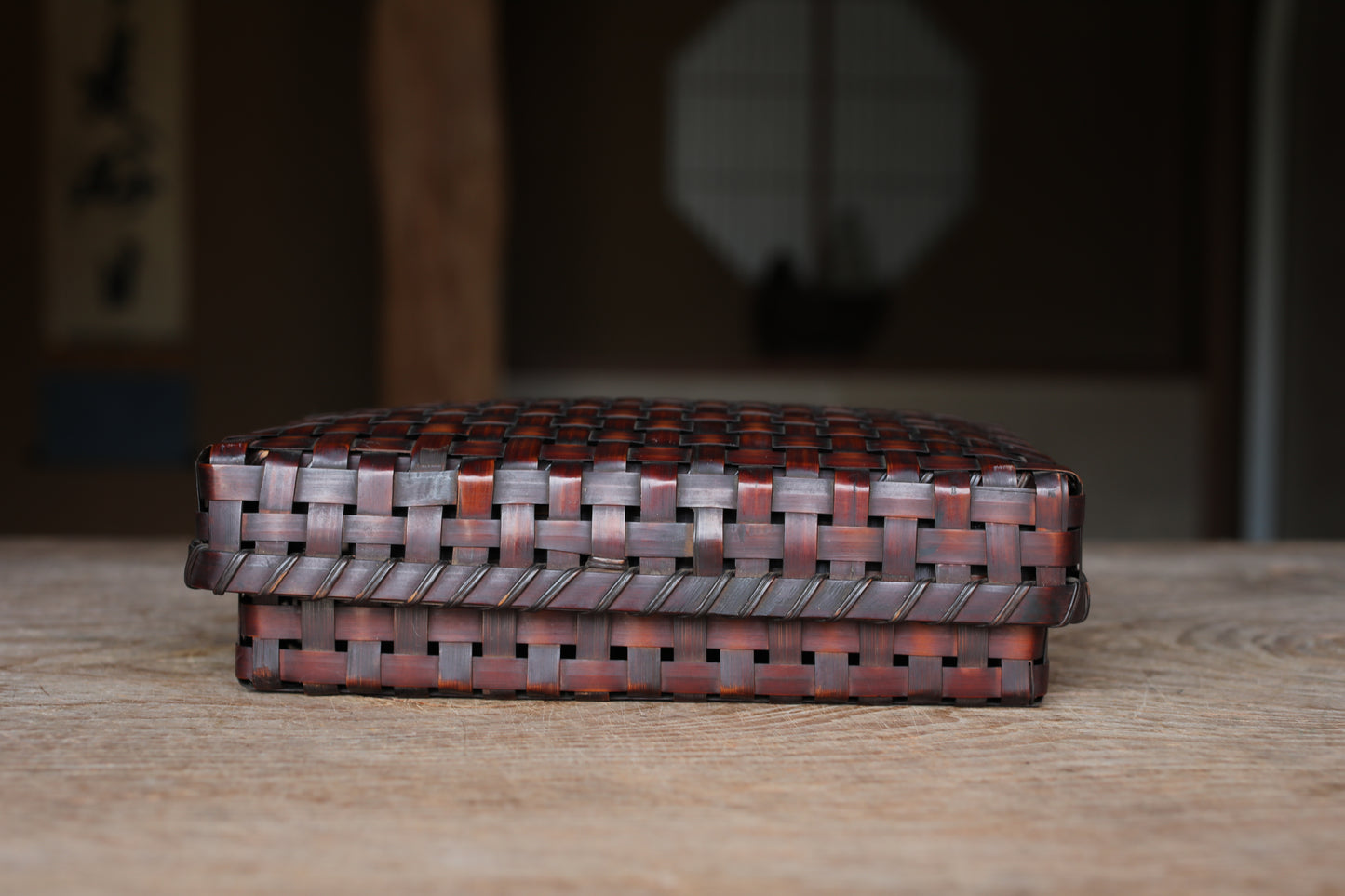 Japanese vintage bamboo woven box storage container 6.5×W9.4in/H16.5×24cm
