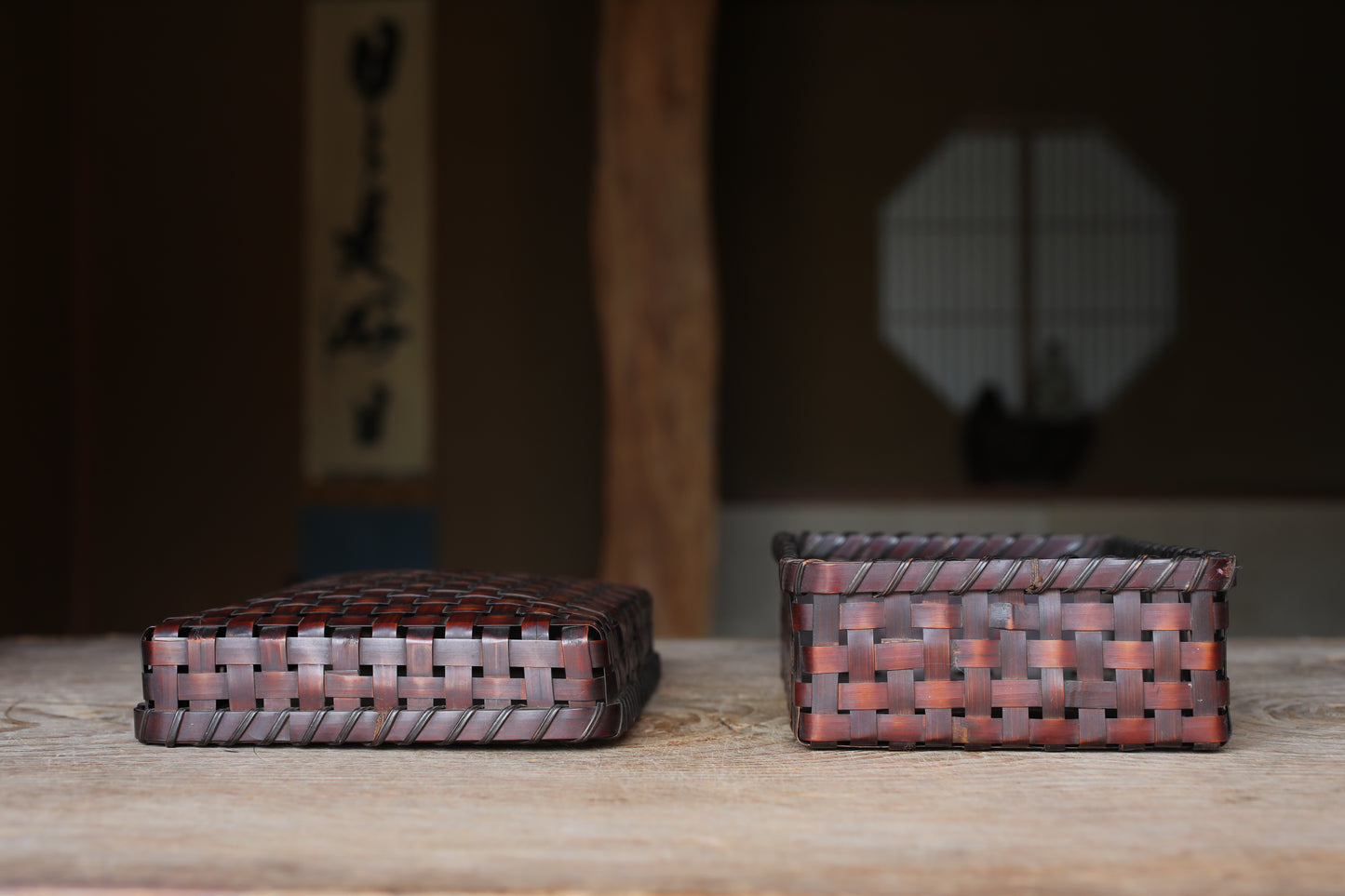 Japanese vintage bamboo woven box storage container 6.5×W9.4in/H16.5×24cm