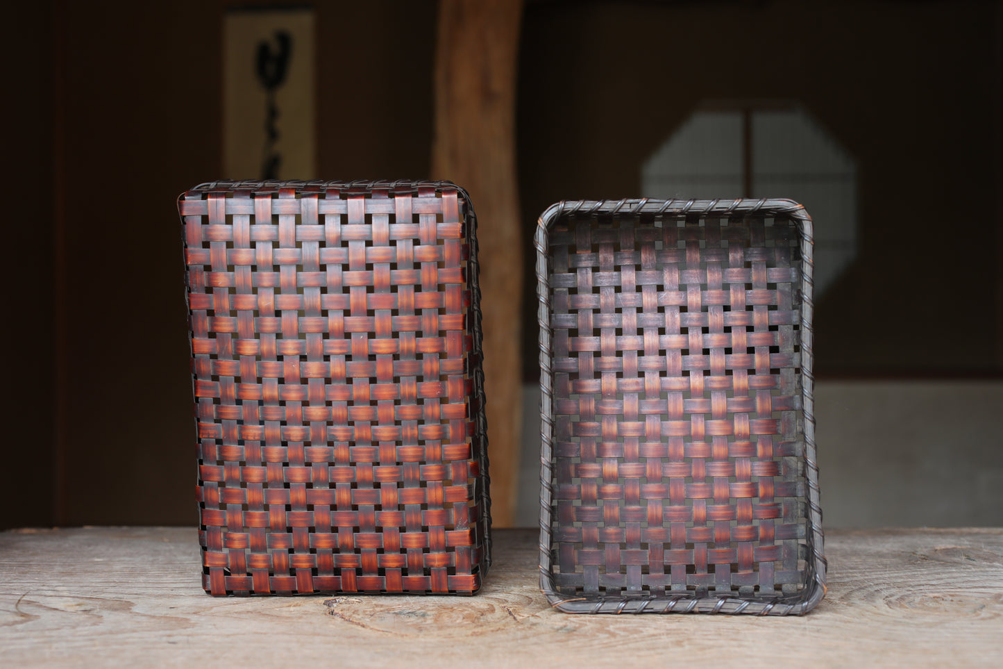 Japanese vintage bamboo woven box storage container 6.5×W9.4in/H16.5×24cm