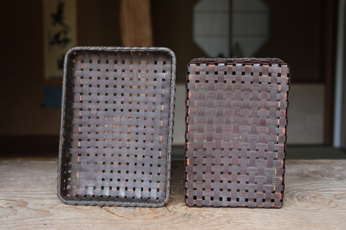 Japanese vintage bamboo woven box storage container 6.5×W9.4in/H16.5×24cm