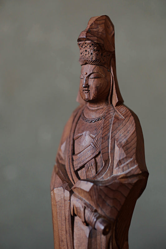 Japanese vintage kannnon statue with Signed sculpture wooden carving doll small Figurine of Buddhist statue 観音 Avalokiteśvara, H9.8in/24.8cm