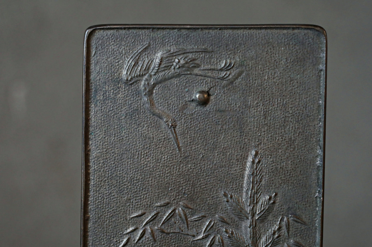 Japanese antique 18th century bronze mirror Kagami with relief of crane traditional accessory SAMURAI Kagami EDO 1790s H4.7in/H12cm