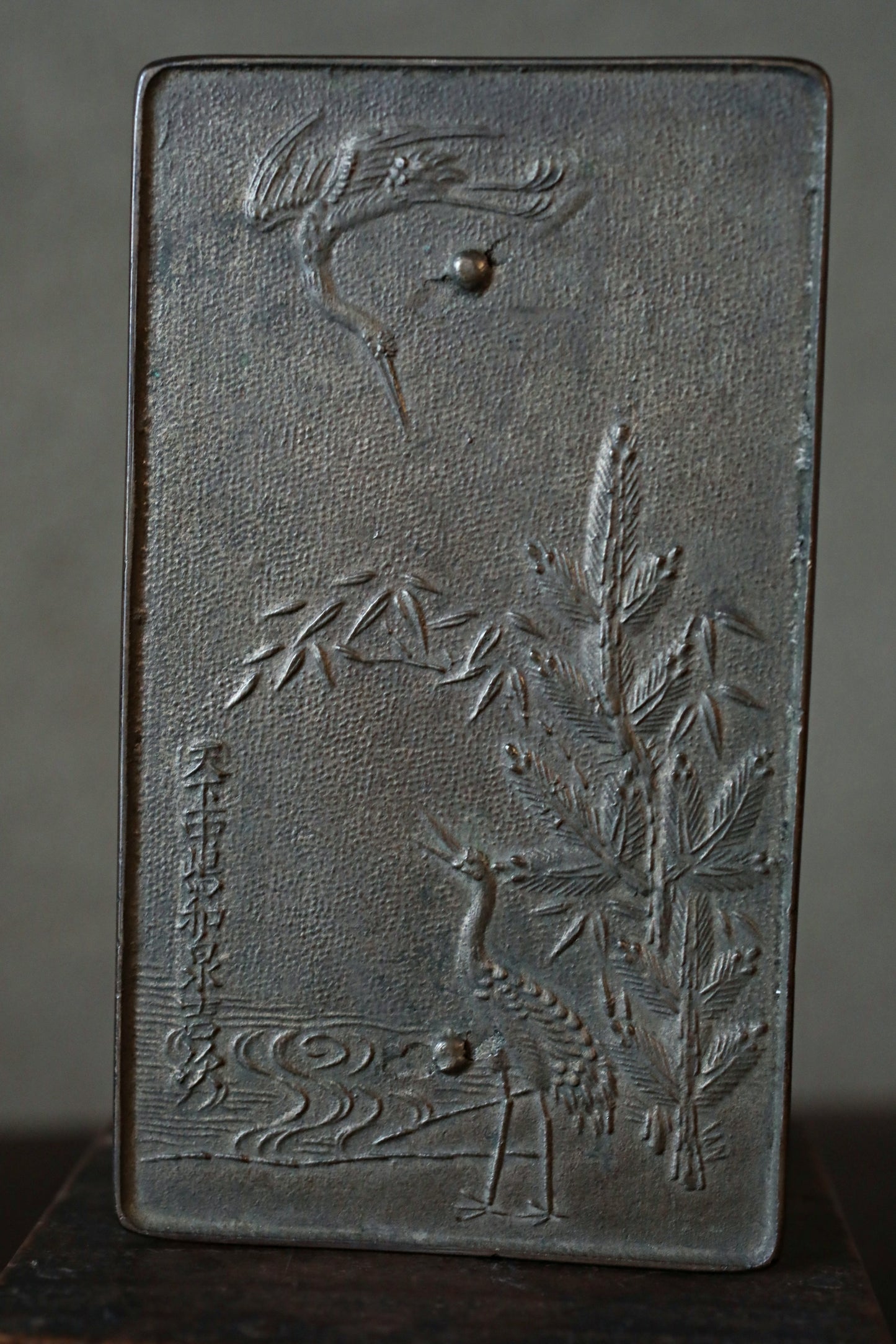 Japanese antique 18th century bronze mirror Kagami with relief of crane traditional accessory SAMURAI Kagami EDO 1790s H4.7in/H12cm