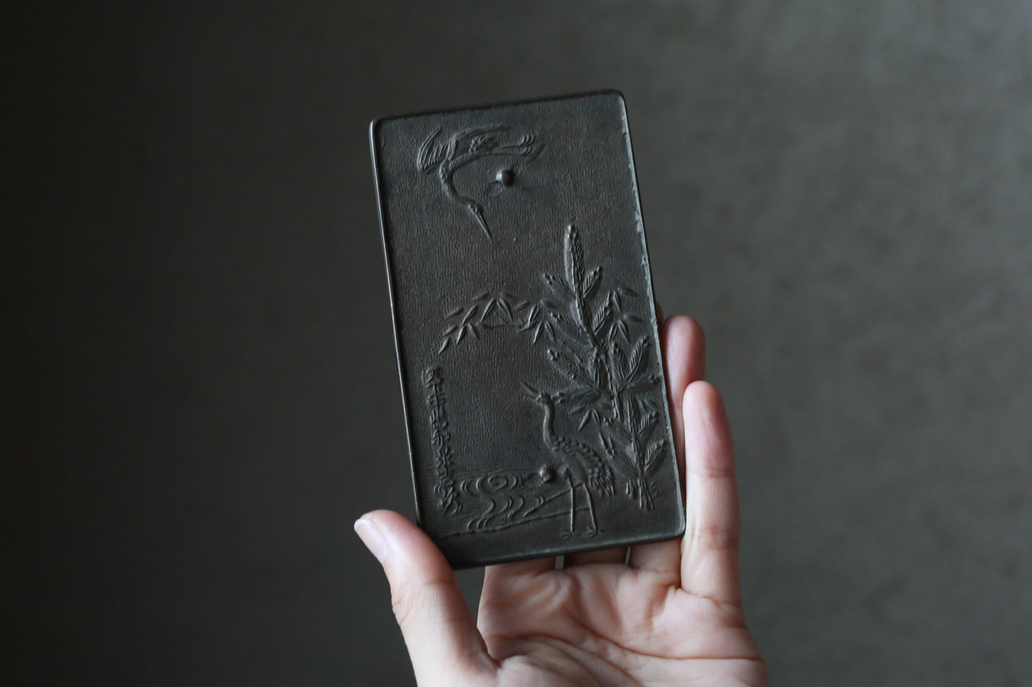 Japanese antique 18th century bronze mirror Kagami with relief of crane traditional accessory SAMURAI Kagami EDO 1790s H4.7in/H12cm