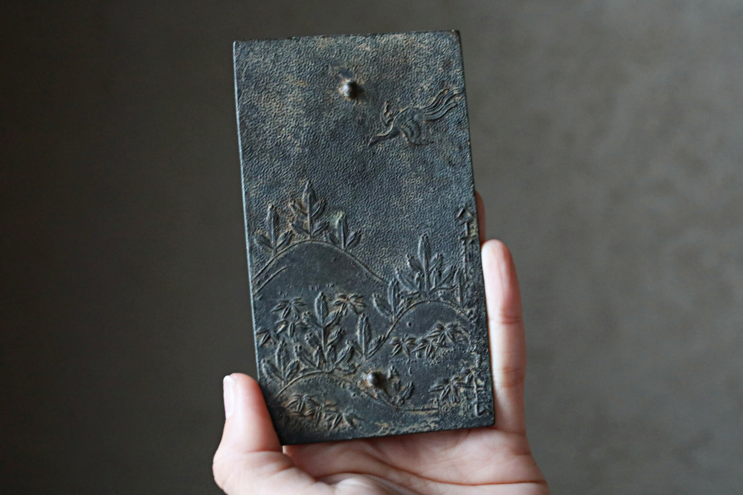 Japanese antique 17th century bronze mirror Kagami with relief of  traditional Japan accessory SAMURAI Kagami EDO 1700s H4.6in/H11.8cm