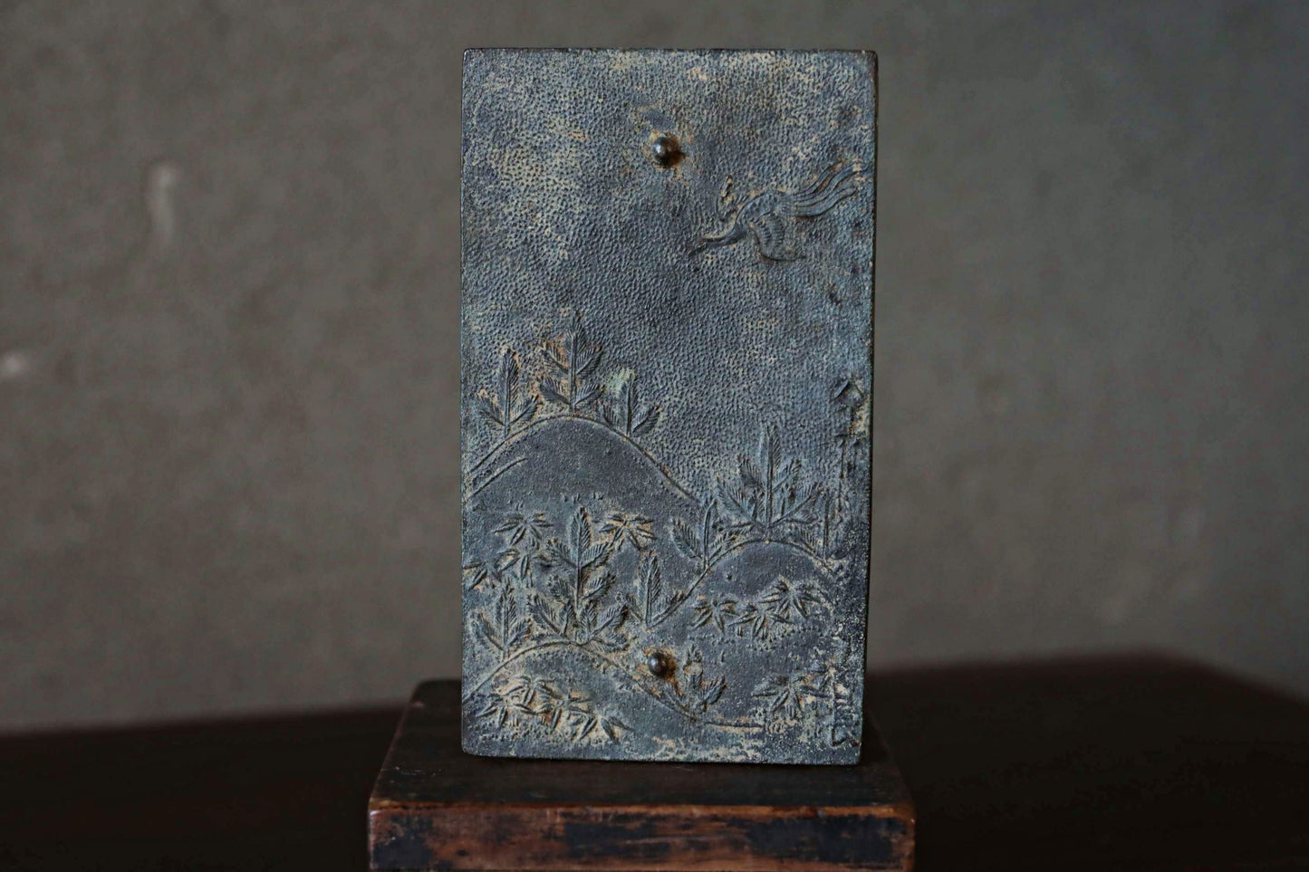 Japanese antique 17th century bronze mirror Kagami with relief of  traditional Japan accessory SAMURAI Kagami EDO 1700s H4.6in/H11.8cm