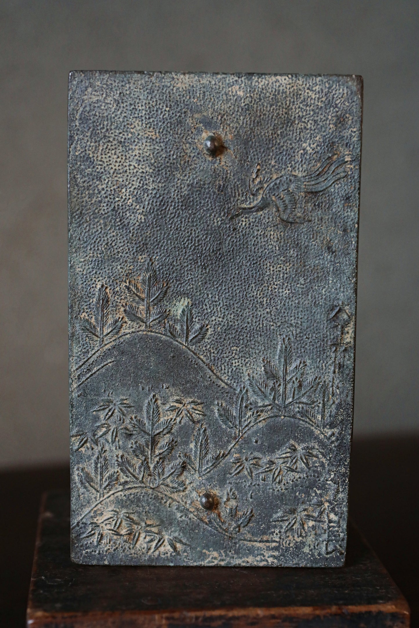 Japanese antique 17th century bronze mirror Kagami with relief of  traditional Japan accessory SAMURAI Kagami EDO 1700s H4.6in/H11.8cm