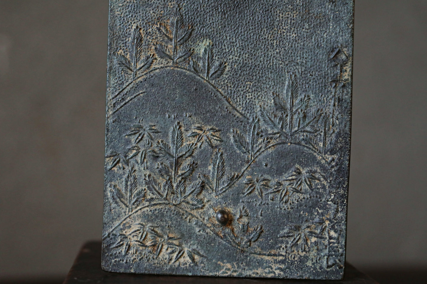 Japanese antique 17th century bronze mirror Kagami with relief of  traditional Japan accessory SAMURAI Kagami EDO 1700s H4.6in/H11.8cm