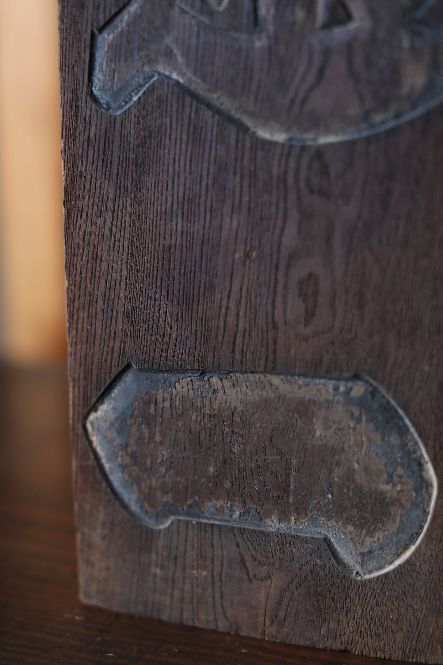 Antique Japanese Fireman Signboard, Kanji Calligraphy, Wood Carved Symbol