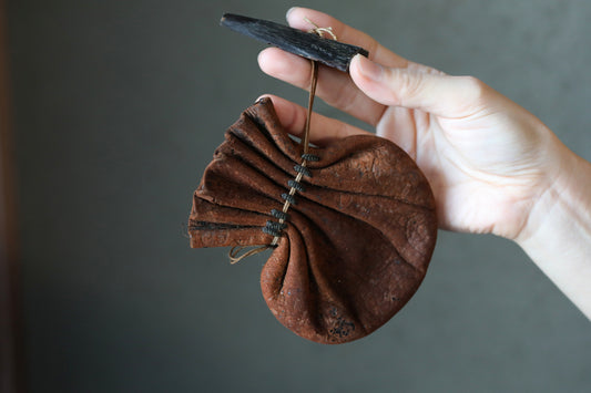 Antique Japanese Leather Coin Pouch: with Edo Era Kan'ei Tsūhō Coin 1800s cigarette case
