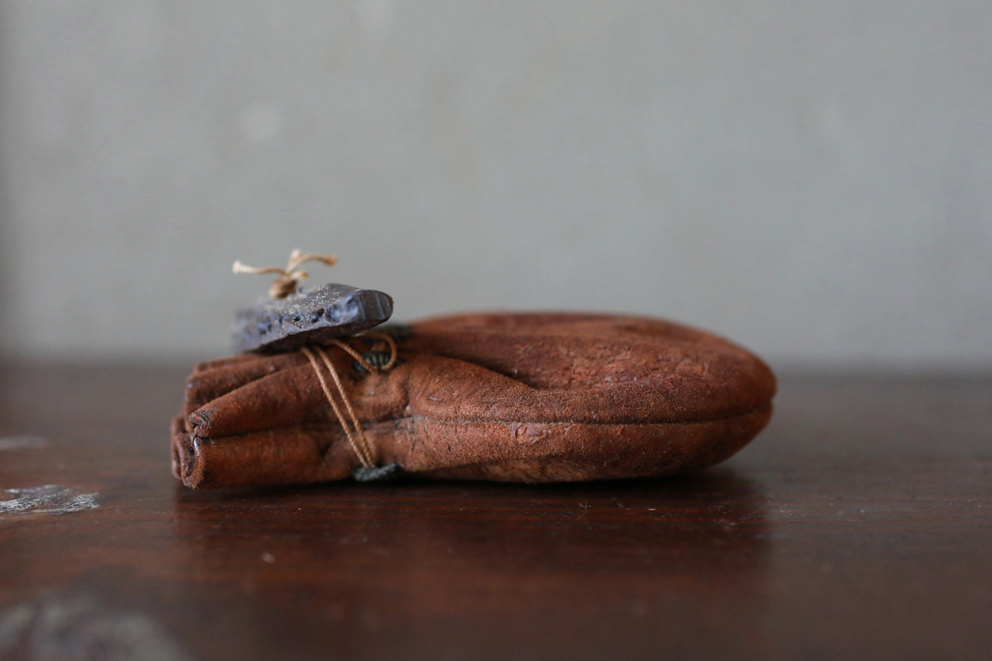Antique Japanese Leather Coin Pouch: with Edo Era Kan'ei Tsūhō Coin 1800s cigarette case