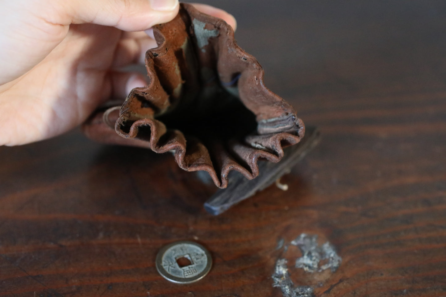 Antique Japanese Leather Coin Pouch: with Edo Era Kan'ei Tsūhō Coin 1800s cigarette case