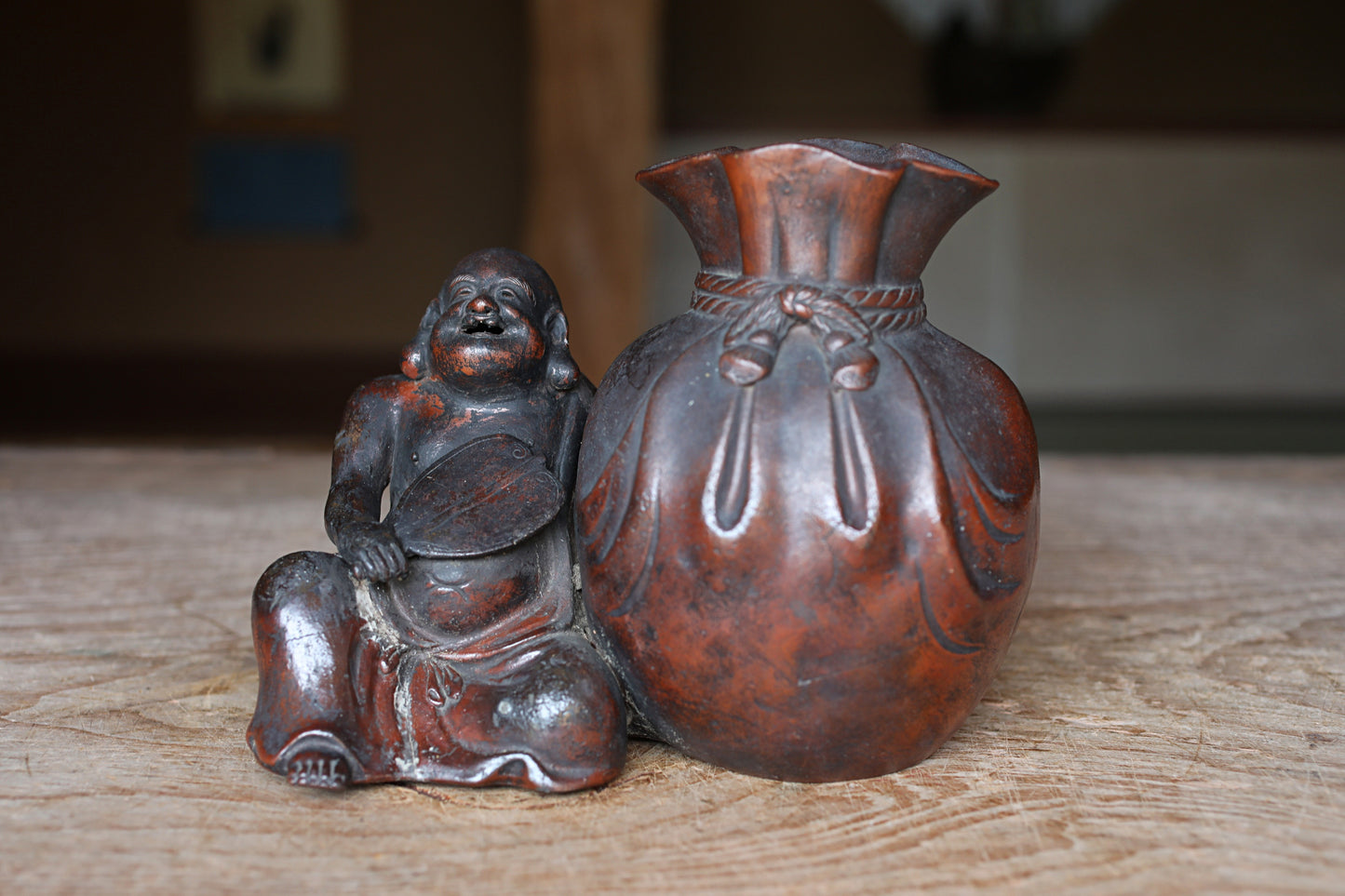 Japanese Antique doll Edo craft 1800s happy smile buddha "Hotei" pottery coin box, character Good luck ornament H5.9×7.3in/H15×18.5cm