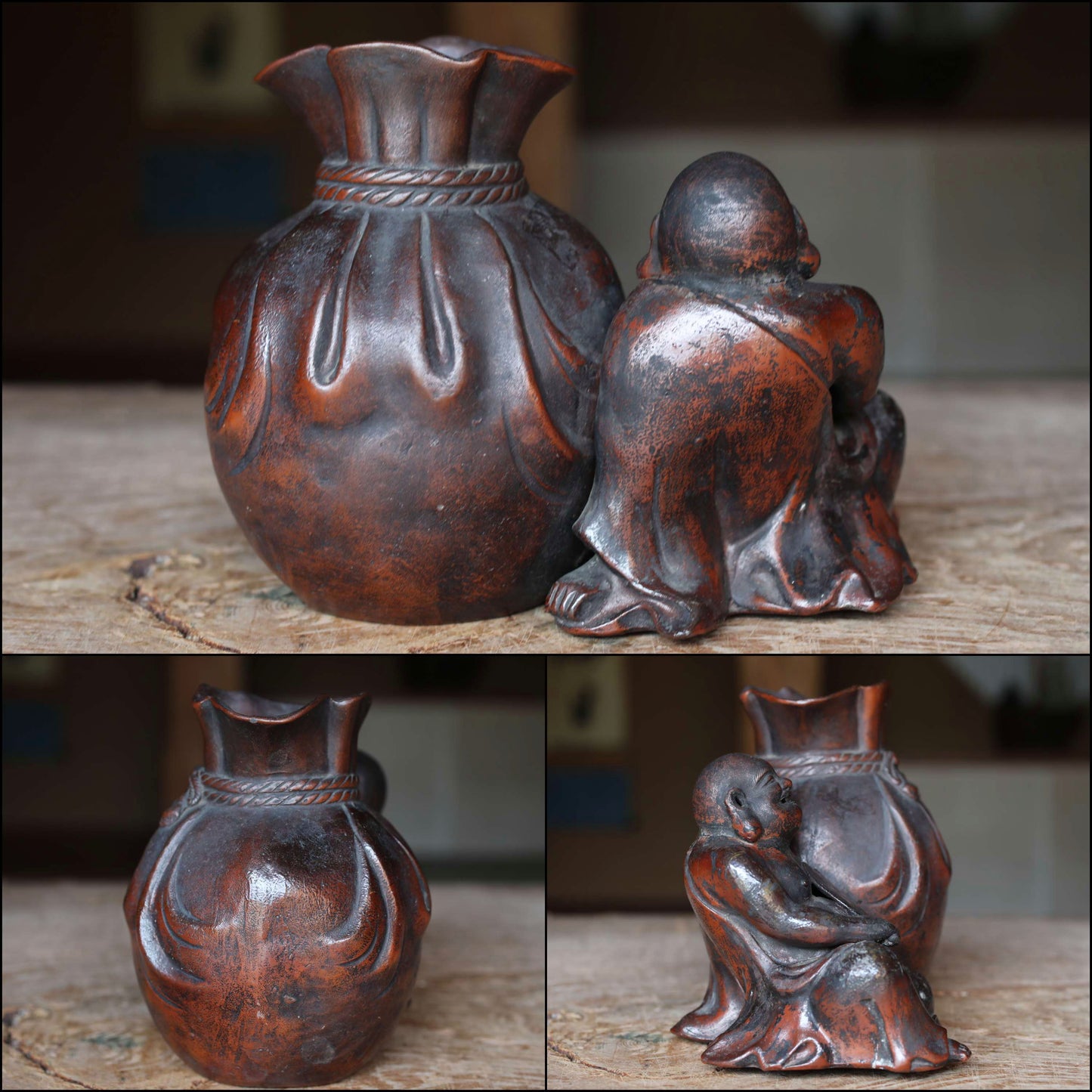 Japanese Antique doll Edo craft 1800s happy smile buddha "Hotei" pottery coin box, character Good luck ornament H5.9×7.3in/H15×18.5cm