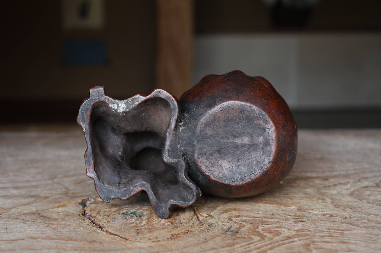 Japanese Antique doll Edo craft 1800s happy smile buddha "Hotei" pottery coin box, character Good luck ornament H5.9×7.3in/H15×18.5cm