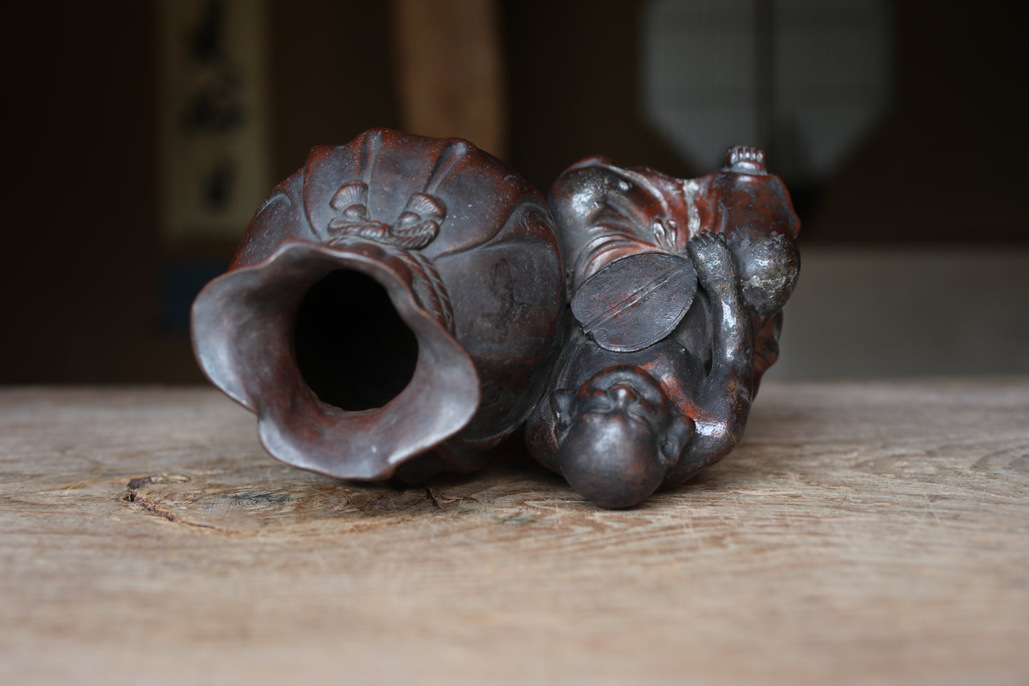 Japanese Antique doll Edo craft 1800s happy smile buddha "Hotei" pottery coin box, character Good luck ornament H5.9×7.3in/H15×18.5cm