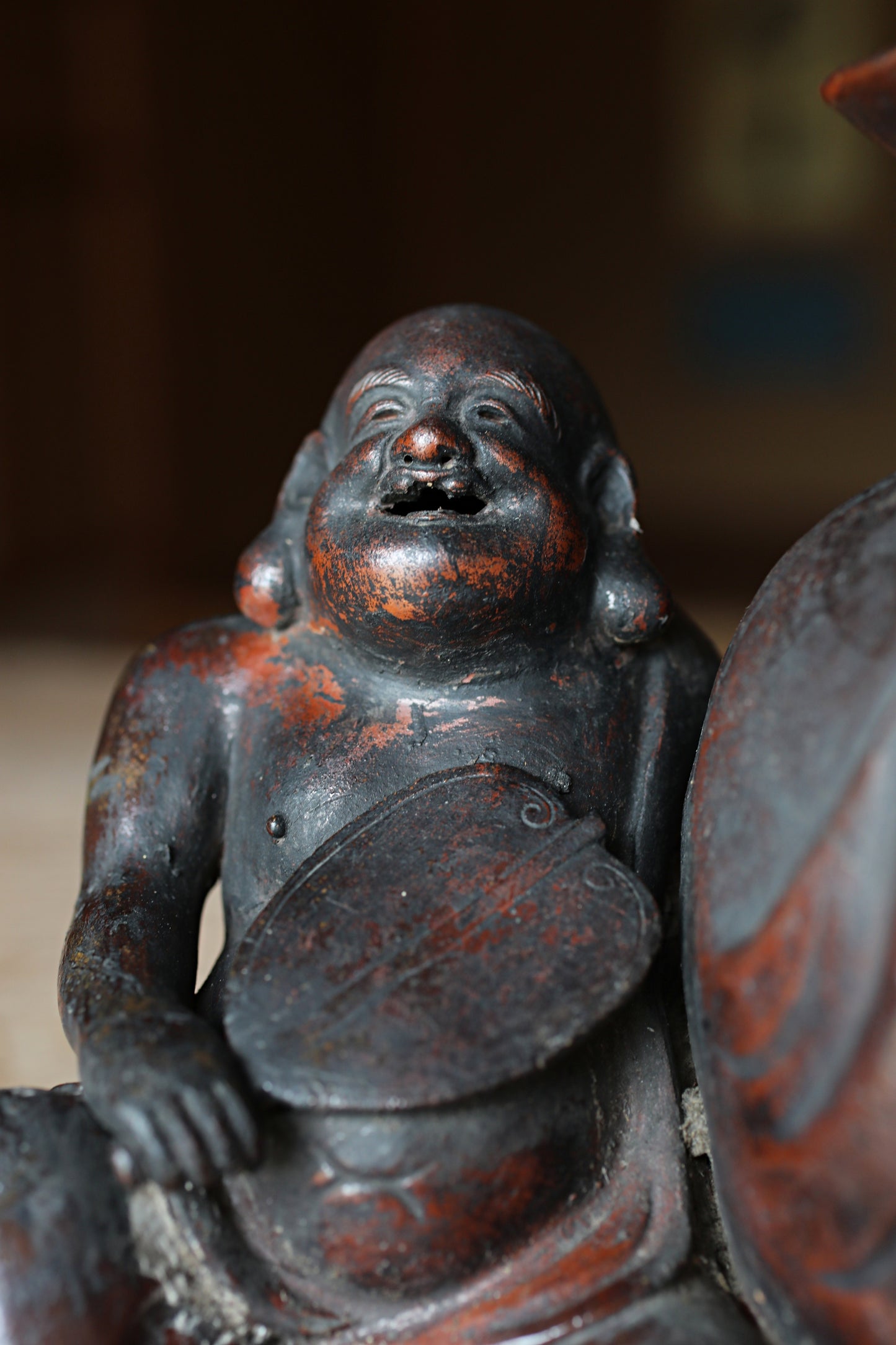 Japanese Antique doll Edo craft 1800s happy smile buddha "Hotei" pottery coin box, character Good luck ornament H5.9×7.3in/H15×18.5cm