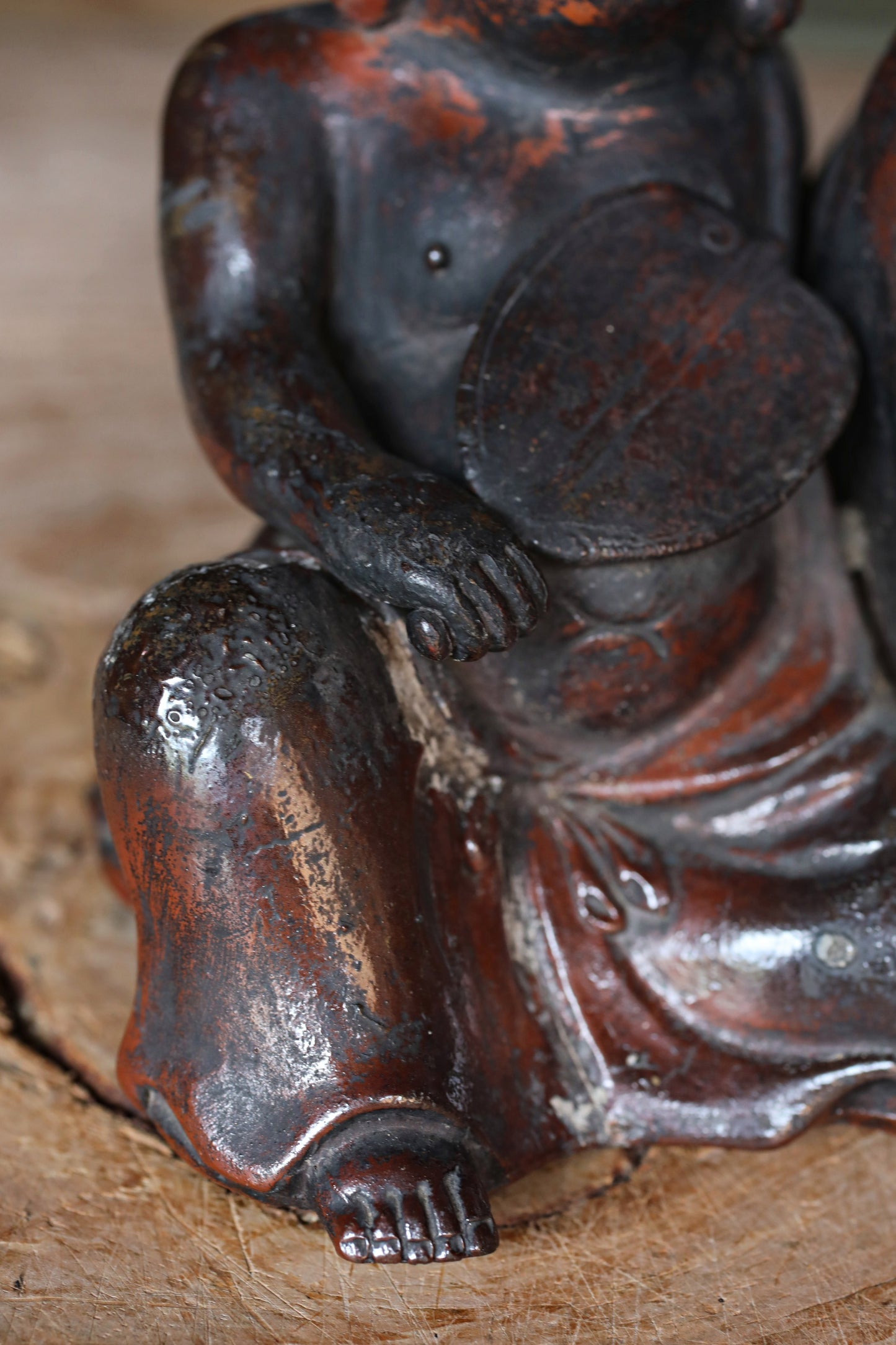 Japanese Antique doll Edo craft 1800s happy smile buddha "Hotei" pottery coin box, character Good luck ornament H5.9×7.3in/H15×18.5cm