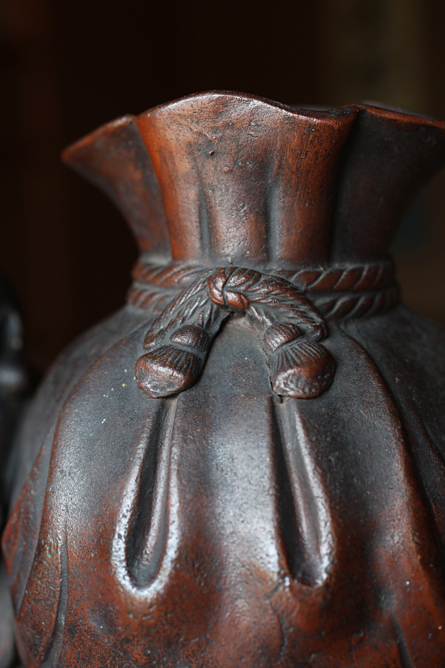 Japanese Antique doll Edo craft 1800s happy smile buddha "Hotei" pottery coin box, character Good luck ornament H5.9×7.3in/H15×18.5cm