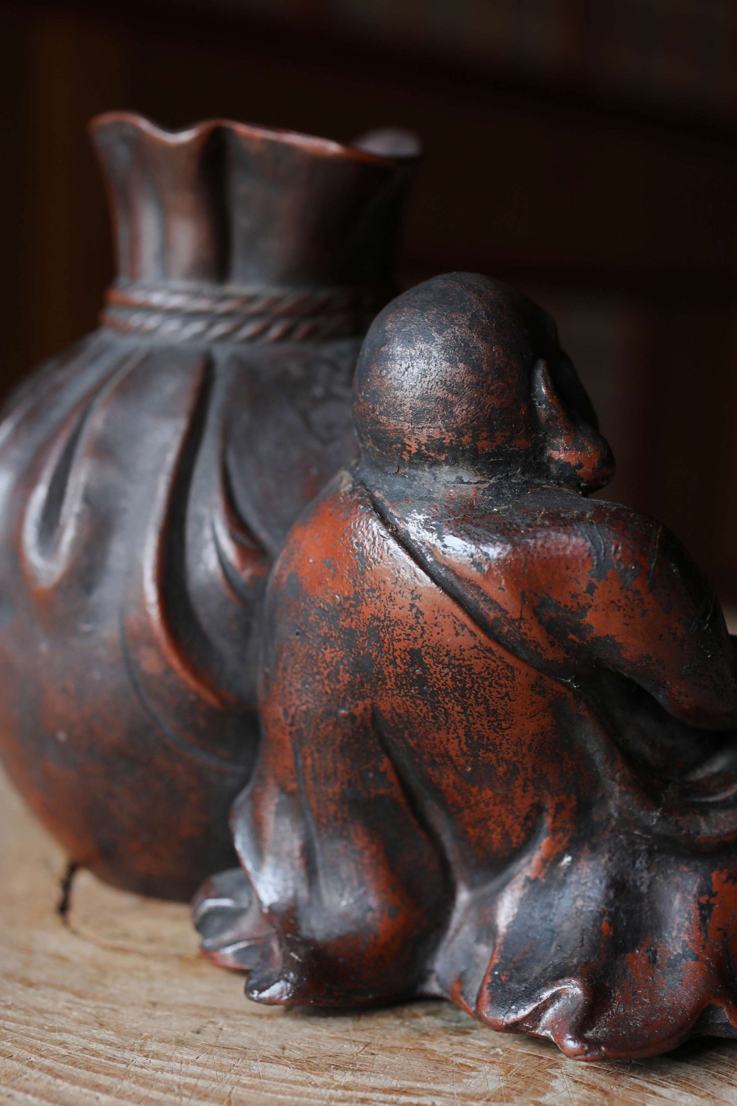 Japanese Antique doll Edo craft 1800s happy smile buddha "Hotei" pottery coin box, character Good luck ornament H5.9×7.3in/H15×18.5cm