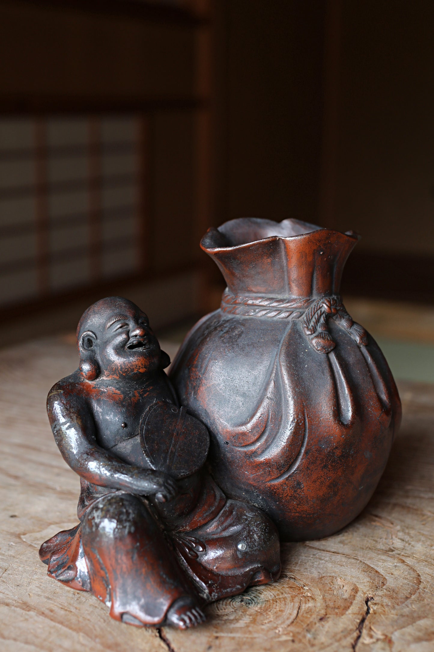 Japanese Antique doll Edo craft 1800s happy smile buddha "Hotei" pottery coin box, character Good luck ornament H5.9×7.3in/H15×18.5cm