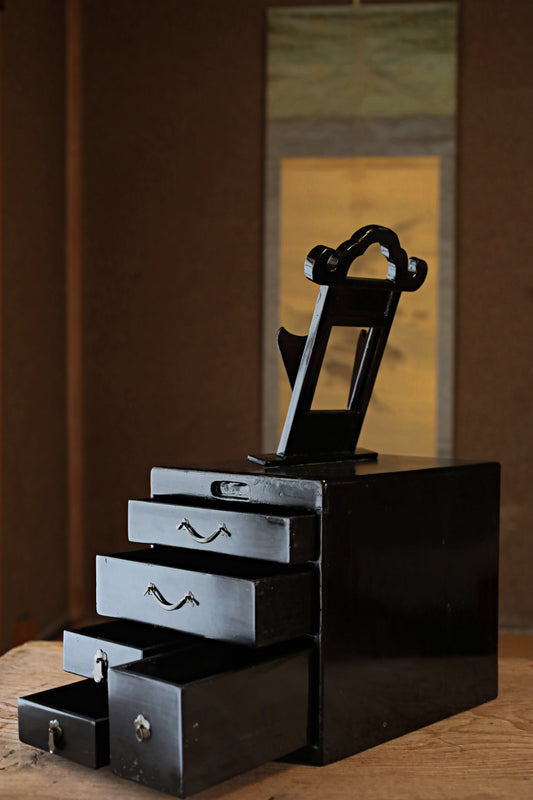 Tansu Chest- Antique Japanese furniture Black Lacquer: Vanity Mirror Stand, 1880s H22.8in/H58cm