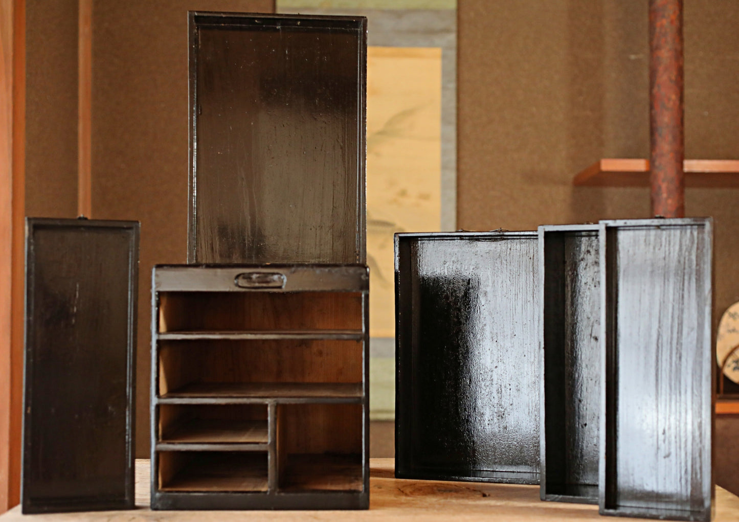 Tansu Chest- Antique Japanese furniture Black Lacquer: Vanity Mirror Stand, 1880s H22.8in/H58cm