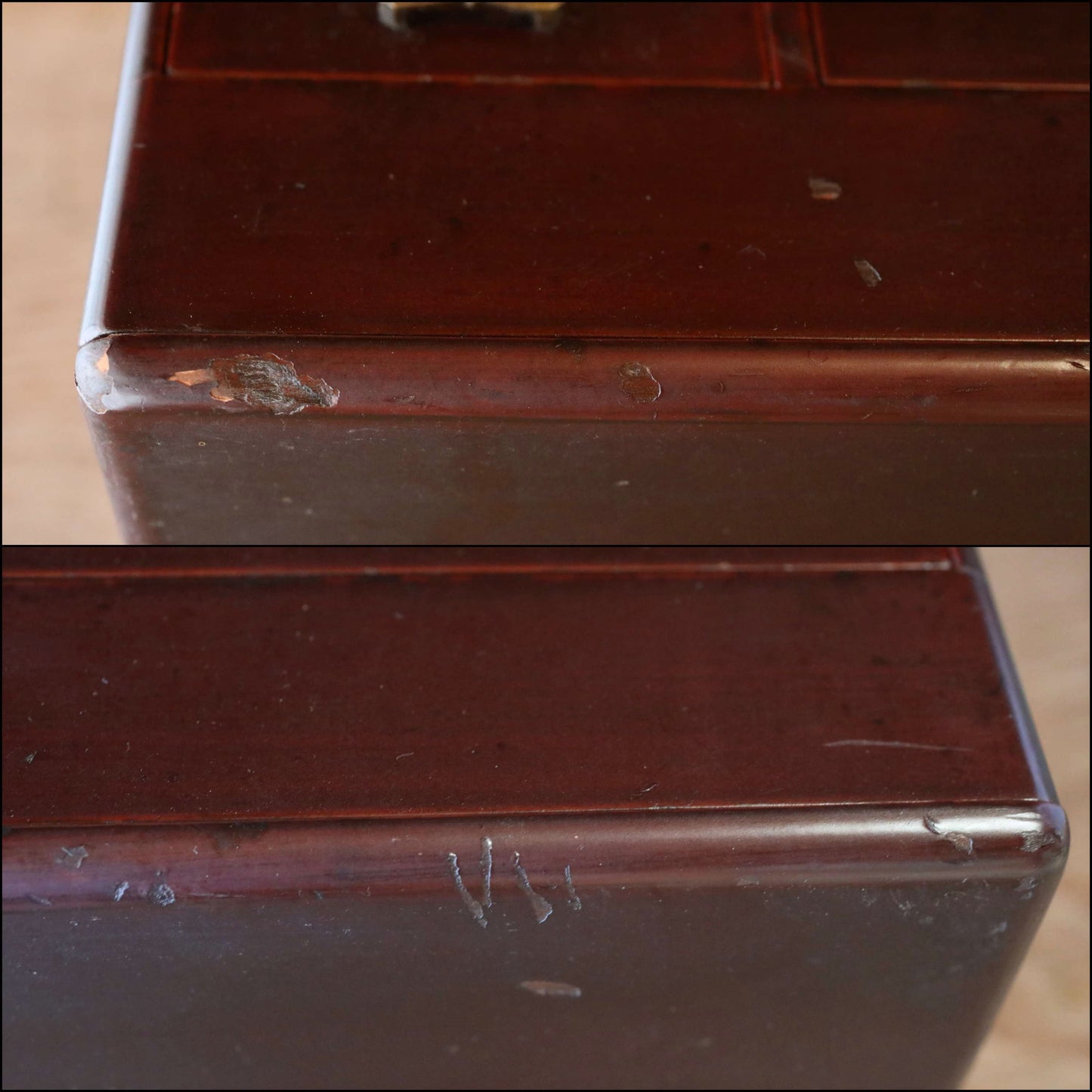 Japanese vintage 1960s furniture Small lacquer Chest of drawers "tansu" dark Reddish brown for sawing drawer H9.8×W12.8in /H25×32.6cm