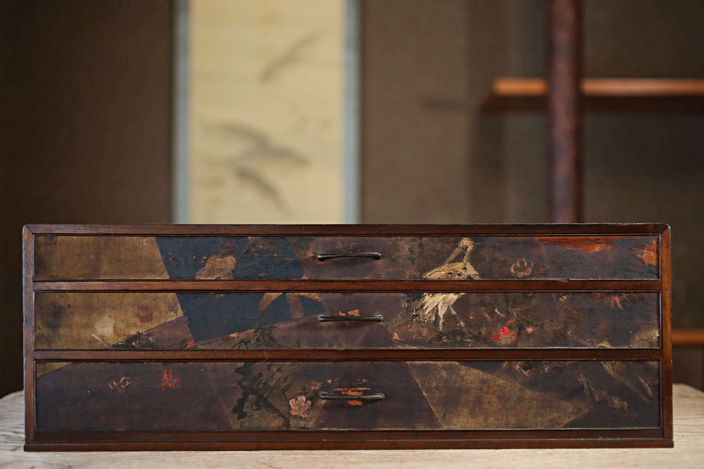 Japanese antique furniture Low, wide wooden Chest of drawers "tansu" with very old cloth is attached, crane design H8.5×W23.8in/H21×W60.5cm