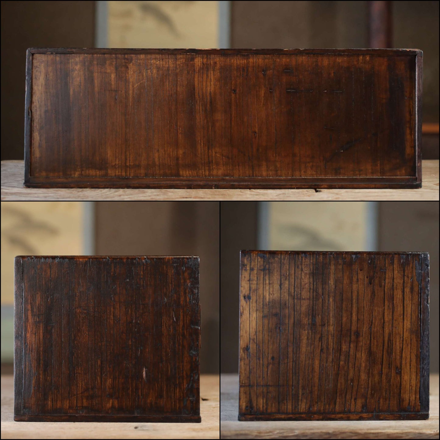 Japanese antique furniture Low, wide wooden Chest of drawers "tansu" with very old cloth is attached, crane design H8.5×W23.8in/H21×W60.5cm