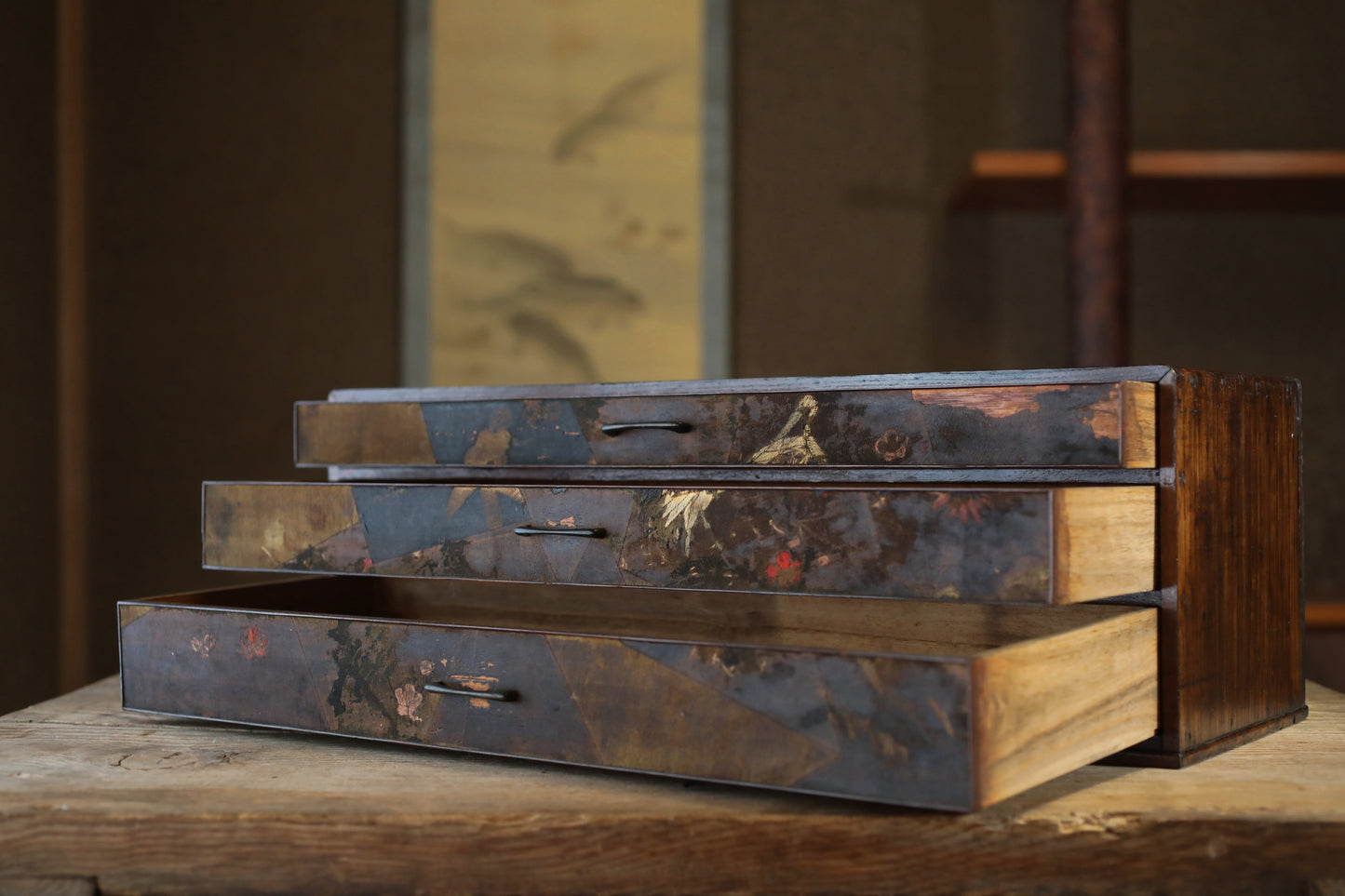 Japanese antique furniture Low, wide wooden Chest of drawers "tansu" with very old cloth is attached, crane design H8.5×W23.8in/H21×W60.5cm
