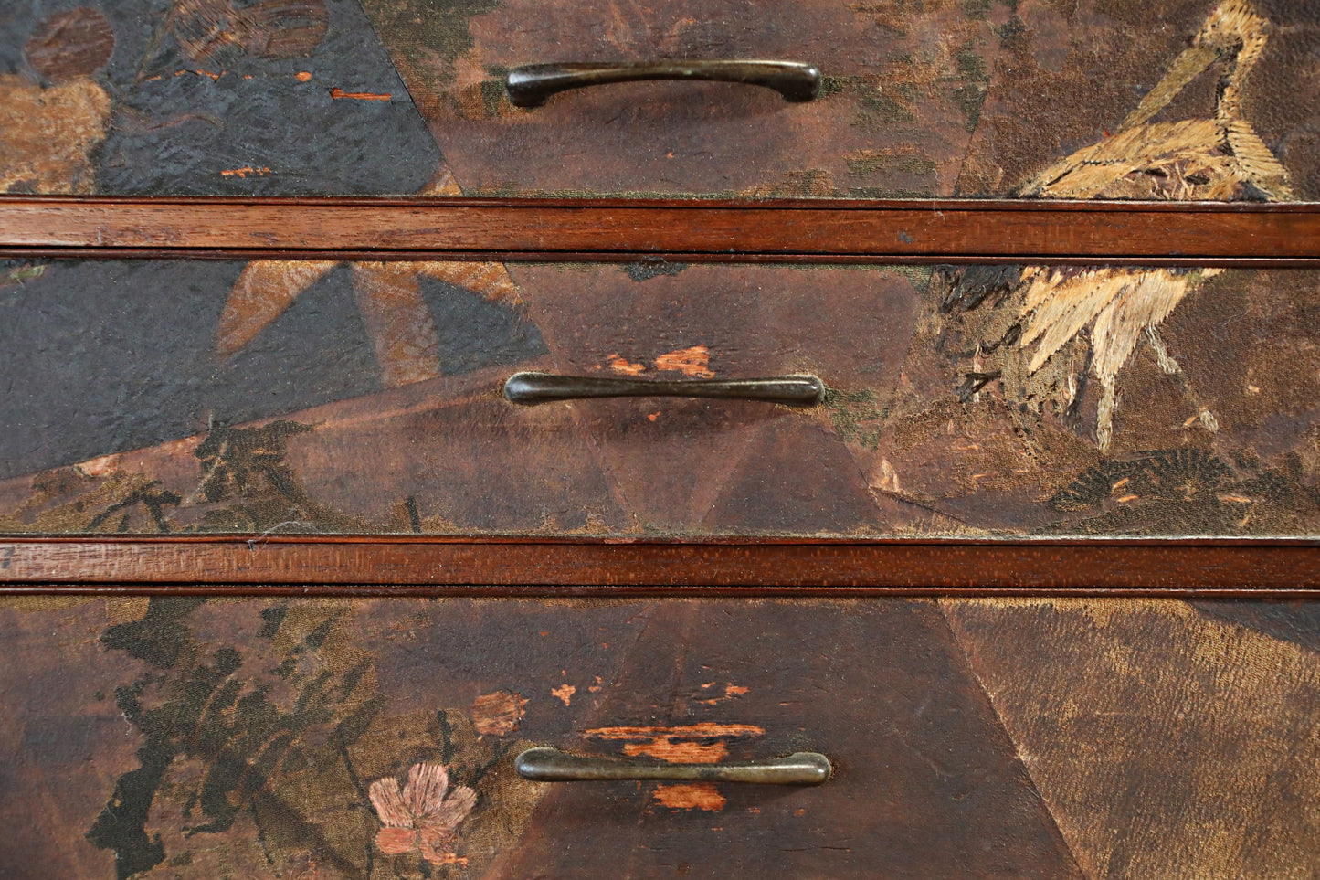 Japanese antique furniture Low, wide wooden Chest of drawers "tansu" with very old cloth is attached, crane design H8.5×W23.8in/H21×W60.5cm