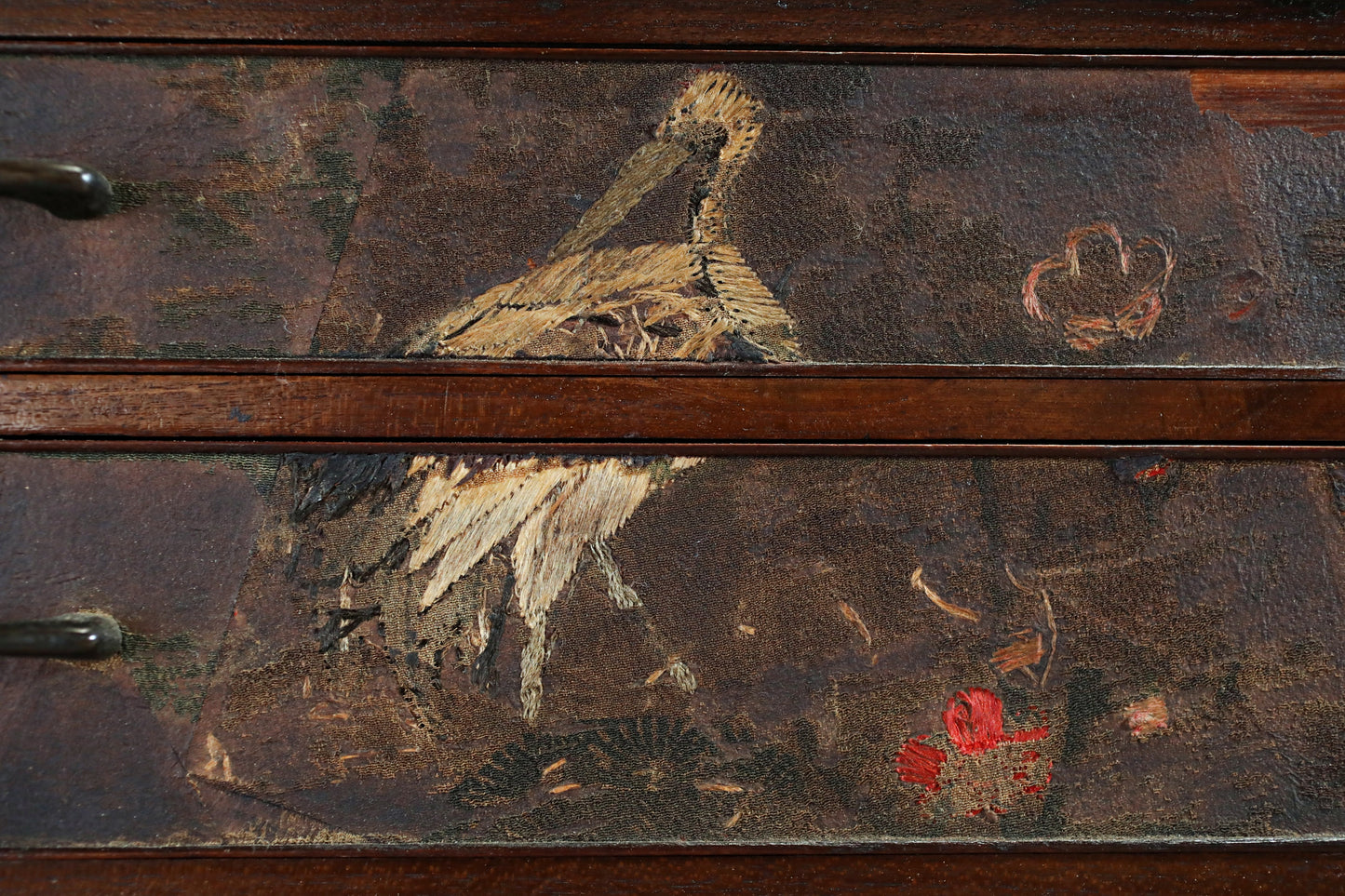 Japanese antique furniture Low, wide wooden Chest of drawers "tansu" with very old cloth is attached, crane design H8.5×W23.8in/H21×W60.5cm