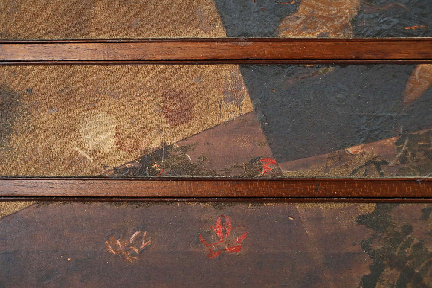 Japanese antique furniture Low, wide wooden Chest of drawers "tansu" with very old cloth is attached, crane design H8.5×W23.8in/H21×W60.5cm