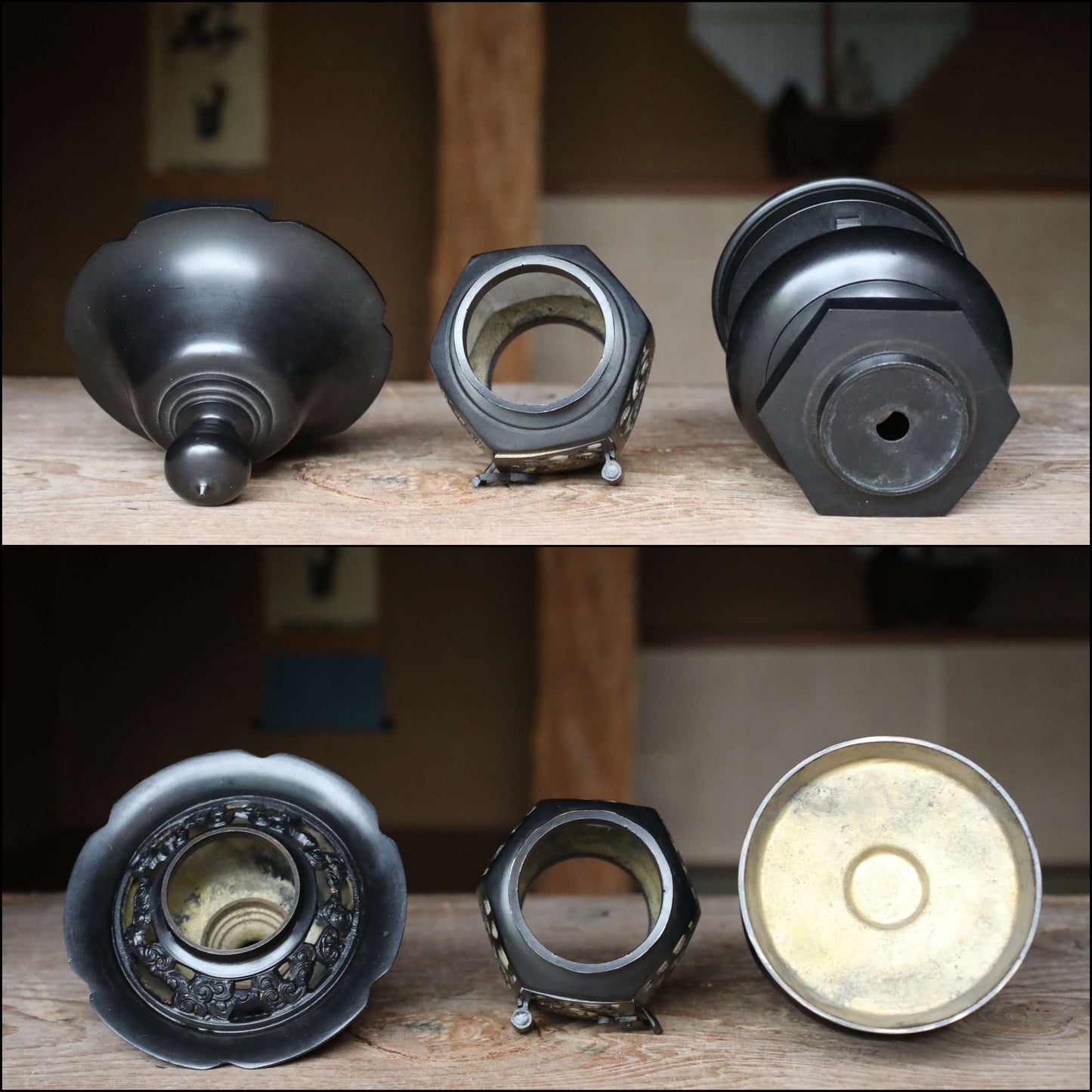 Japanese furniture vintage buddhist lantern made of bronze, metal hand craft openwork indirect lighting H15.4×W6.3in/H39×16cm