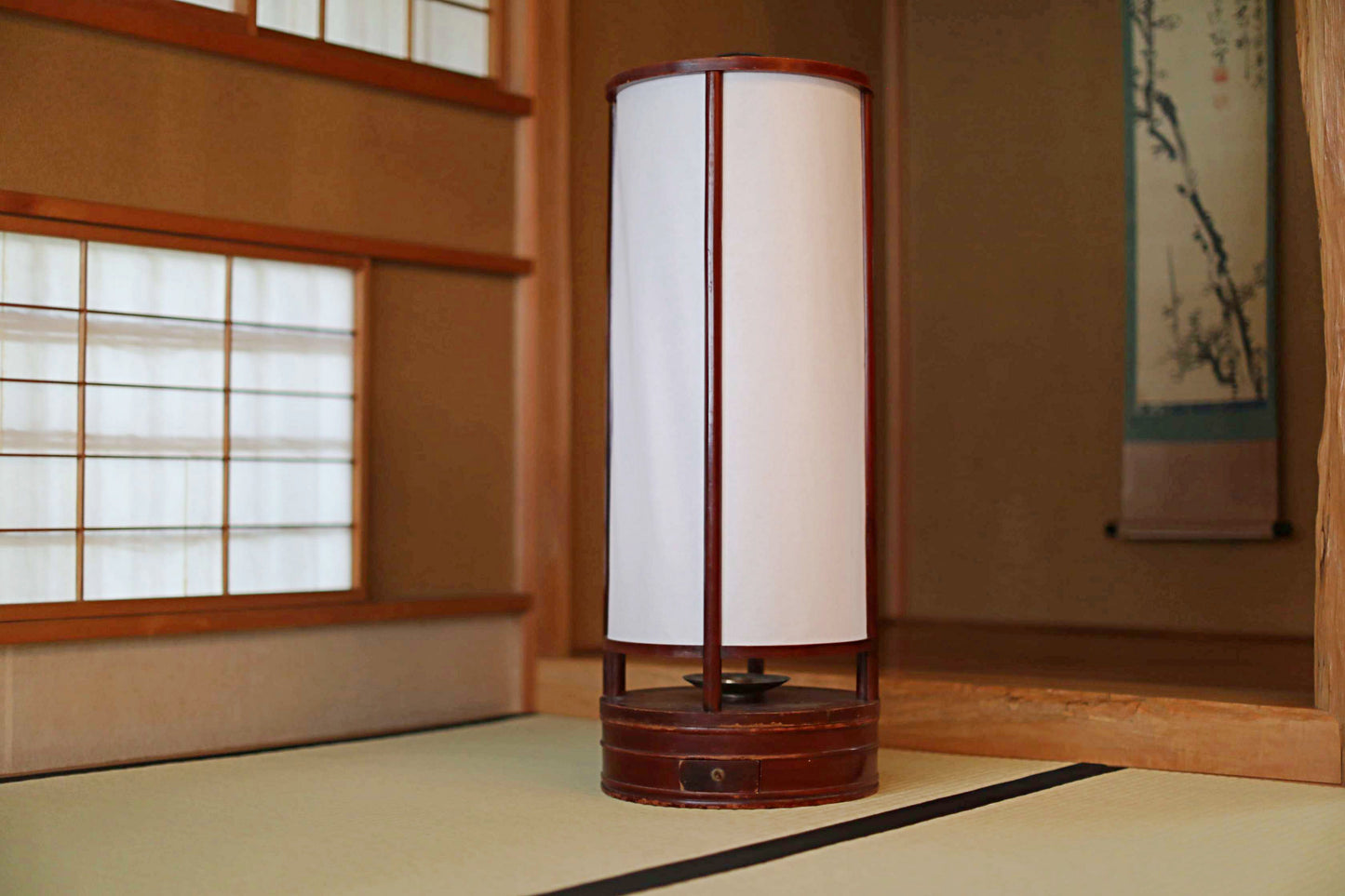 Japanese furniture antique 1800s large lantern cylinder made of brown urushi wood paper lamp shade candle holder ANDON H31.5in/H80.5cm