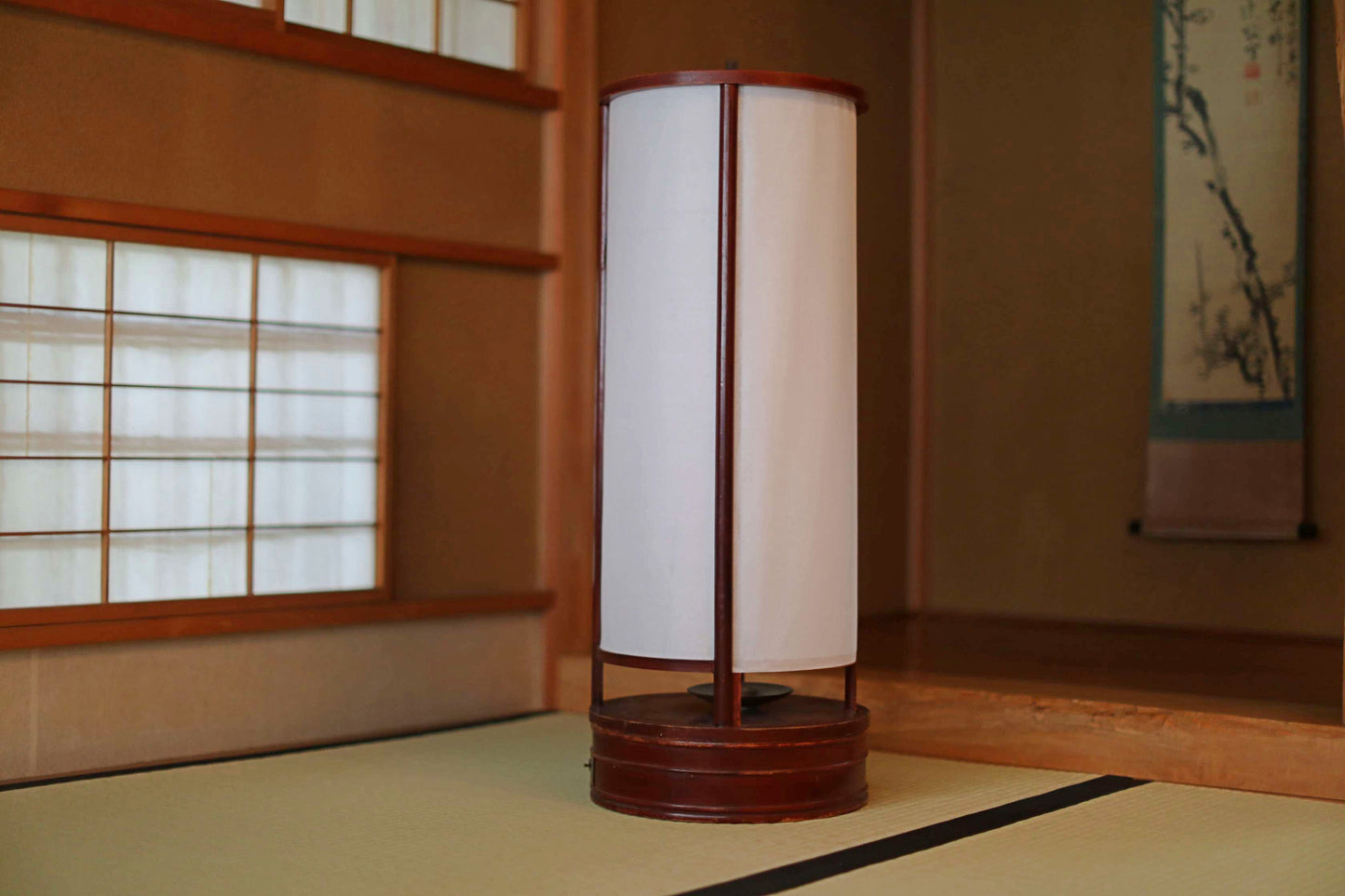 Japanese furniture antique 1800s large lantern cylinder made of brown urushi wood paper lamp shade candle holder ANDON H31.5in/H80.5cm