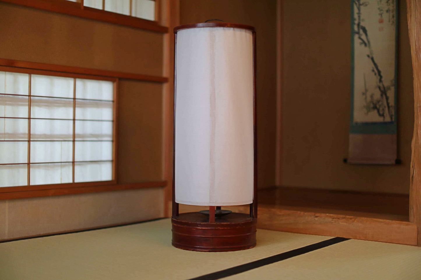 Japanese furniture antique 1800s large lantern cylinder made of brown urushi wood paper lamp shade candle holder ANDON H31.5in/H80.5cm